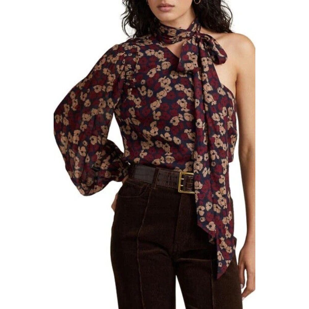 POLO Ralph Lauren One Sleeve Georgette Blouse Neck Tie NEW NWT $398 Size 2